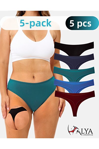 ALYA UNDERWEAR Γυναικείο στρινγκ σε μεγάλο μέγεθος - βαμβακερό, υπερμεγέθη κορδόνι, 5 συσκευασίες μαύρο/μπορντό/σκούρο πράσινο/Indigo/ναυτικό