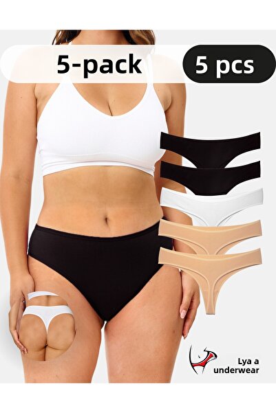 ALYA UNDERWEAR Women's Bato Thong Cotton Panties, Large Size String, Pack of 5 - 2 Black, 1 White, 2 Skin