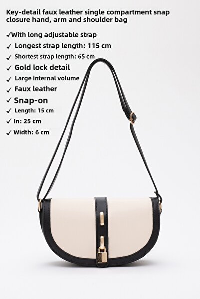 SHAKA Μαύρη κρεμ Κλειδαριά Shk92 Λεπτομερής τσάντα χεριού, μπράτσου και ώμου από συνθετικό δέρμα μονής θήκης με κουμπωτά L:15 E:25 W:6