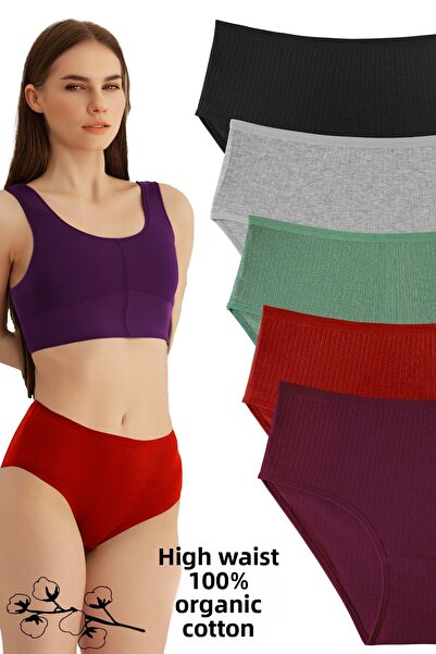 Humaone Chiloți pentru femei, 100% bumbac, 5 piese, cu talie înaltă, cu nervuri, prune, verde, roșu claret, negru, gri-bt2-a6