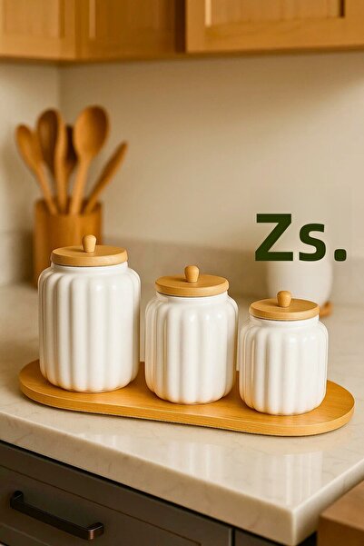 Woodcept Set of 3 Porcelain Star Model Wooden Vacuum Lid Tea, Sugar, Salt, Coffee Storage Jars with Stand