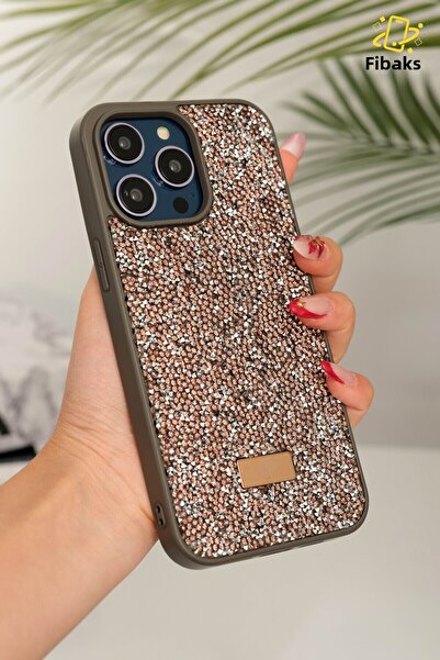 Fibaks Apple iPhone 15 Pro Max Case with Velvet Diamond Design Gray Stone Sparkling Diamond Silicone Cover