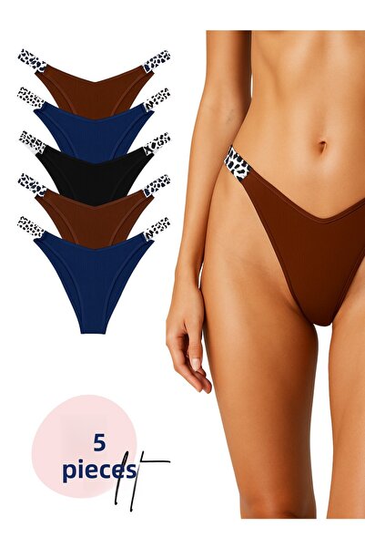 LİBELLA İÇ GİYİM Chiloți cu talie înaltă pentru femei, cu detalii leopard, cu nervuri – Pachet de 5 culori închise
