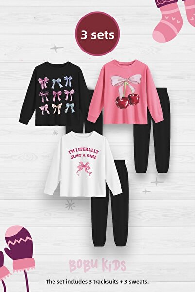 buendiakids Lány/fiú 6 darabos szalagkészlet, cseresznyemintás, nyakú melegítőnadrág szett