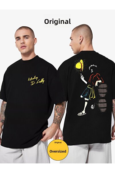 Orijin Tekstil One Piece Luffy Anime Patterned Unisex Oversize Black T-Shirt