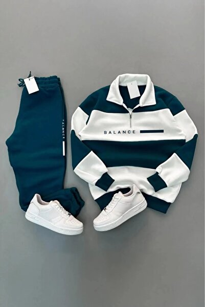 CAST COLLECTİON Nice Men's Petrol Five-Piece D Mock Neck Balance B Printed Petrol Tracksuit Set