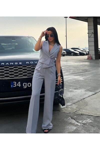 pembekurdelem طقم سترة وبنطلون نسائي بتصميم مخطط باللون الرمادي