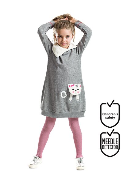 MSHB&G Gray Plush Girl's Winter Dress - Shawl Collar and Cat Pocket