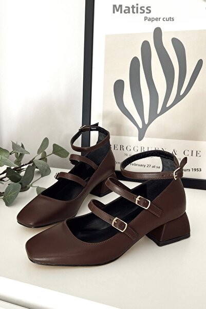 POLKA STORE Women's Mary Jane Brown Closed Back Three-Stripe Square Toe Helmet Low Block Heeled Shoes