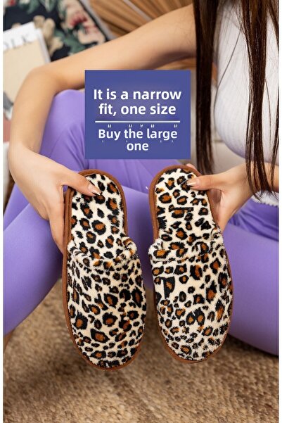 Modafırsat Леопардови дамски чехли със затворена предна част Плюшени миещи се зимни домашни чехли Чехли с пакет чехли с зестра