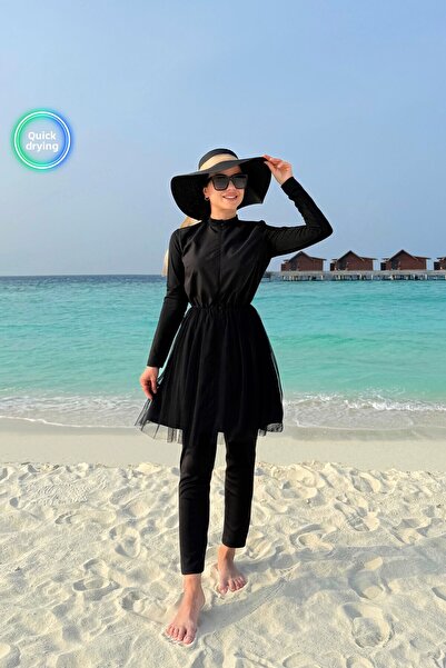 Ka Hijab Full Covered 2-Piece Hijab Swimsuit with Tulle Skirt - Black