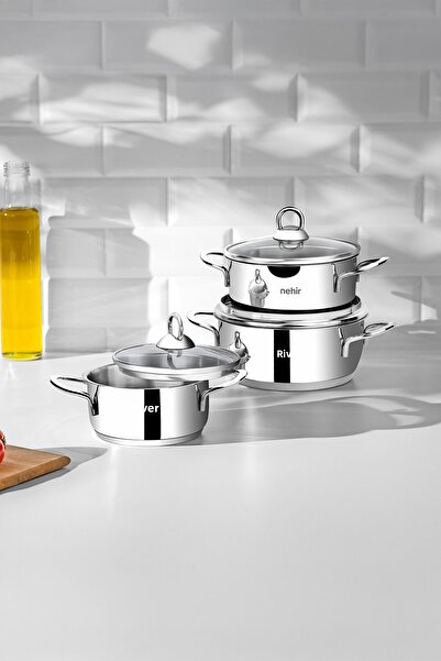 Nehir Silver 6 Piece Stainless Steel Mini Pots Set (12-14-16 cm)