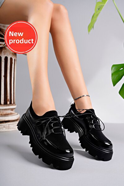 MARSHETTA Гъвкав модел Дамски обувки за гмуркане от плат с подробна черна набръчкана лачена кожа с връзки