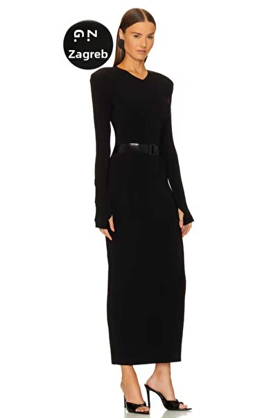 Zagrep Black V-Neck Imported Maxi Dress - with Finger Snap and Lining