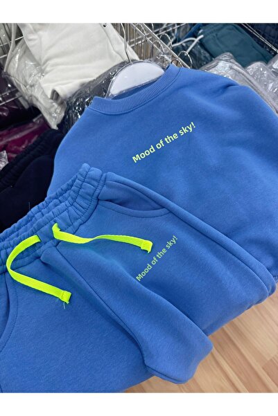 Magu Unisex Children's Cotton Blue Oversize Sweatshirt Tracksuit Bottom Set - Neon Detailed