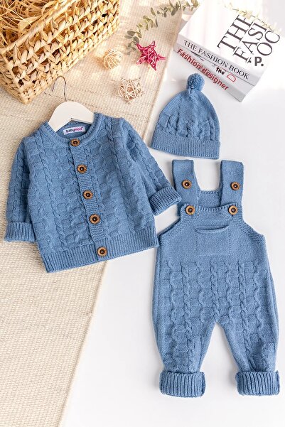Babymod Knitwear Cardigan 3-Piece Adjustable Strap Knitted Baby Boy Salopet Jumpsuit Set