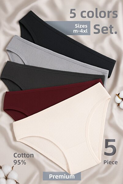 Happy Fox Βαμβακερά γυναικεία εσώρουχα με ραβδώσεις σετ 5 συσκευασιών κανονική μέση μπορντό-μαύρο-εκρού