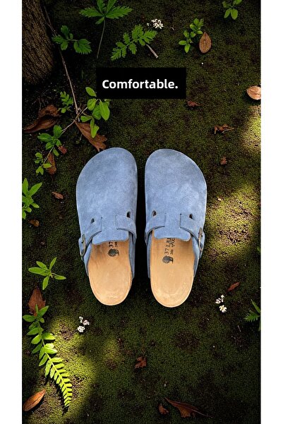 Land of Cork Unisex Denim Blue Suede Leather Closed Anatomical Natural Cork Sole Slippers