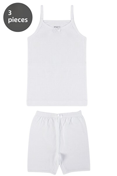 TOLIN White Tank Top Shorts Set for Girls - 100% Cotton, Set of 3 8425