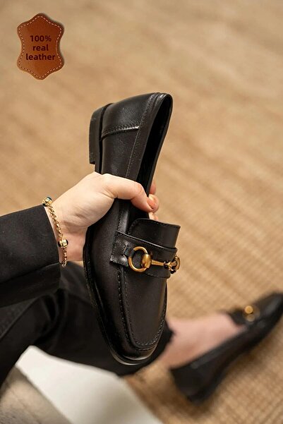 LamintaGlobal Seul Black Gold Accessory Genuine Leather Women's Loafer