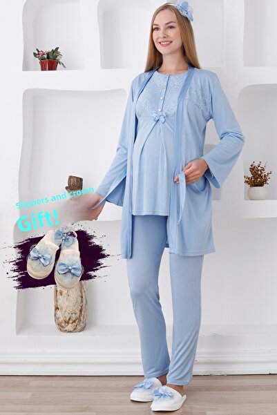 ERDENİZ TEKSTİL Long Sleeve 3-Piece Maternity Pajamas and Dressing Gown Mater...