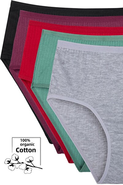 Humaone Chiloți pentru femei, 100% bumbac, 5 piese, cu talie înaltă, cu nervuri, prune, verde, roșu claret, negru, gri-bt2-a6