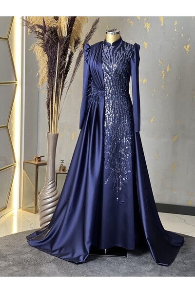 PİENNAR ريشة مفصلة لينا الحجاب مساء اللباس الأزرق الداكن