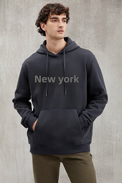 GRIMELANGE Pánská fleecová mikina Egbert Inside College Antracitová mikina s potiskem a kapucí