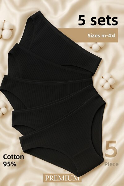 Happy Fox Cotton Women's Ribbed Slip Panties Set of 5 Black Pack Normal Waist