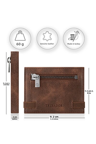 Trusador Marseille Brown Zippered Genuine Leather Wallet with Mirror Elastic Rfid Protection Men Women