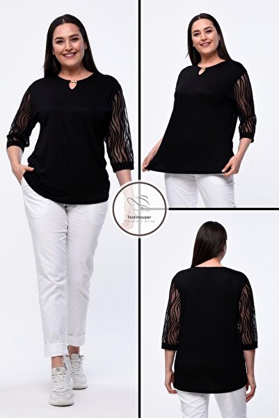 tarzımsüper Μεγάλο μέγεθος Νέας σεζόν Δαντελένια μανίκια Βραδινό φόρεμα Μοντέλο κοντό μανίκι 4 σεζόν τούλι Λεπτομερής Mother Elegant μπλούζα