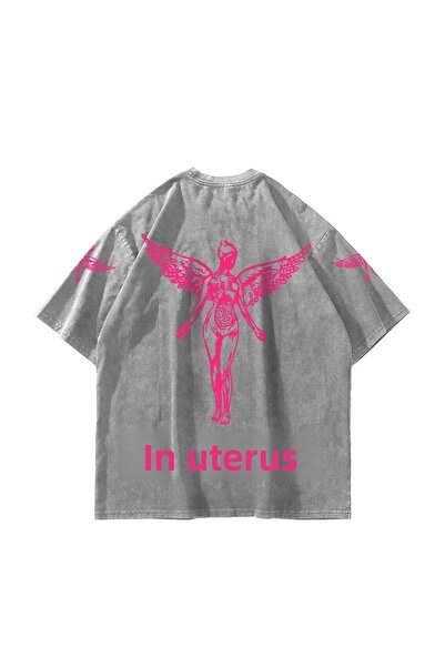Sekizbiraltı Nirvana in Utero Pink Printed Oversize Unisex Washable White Tshirt