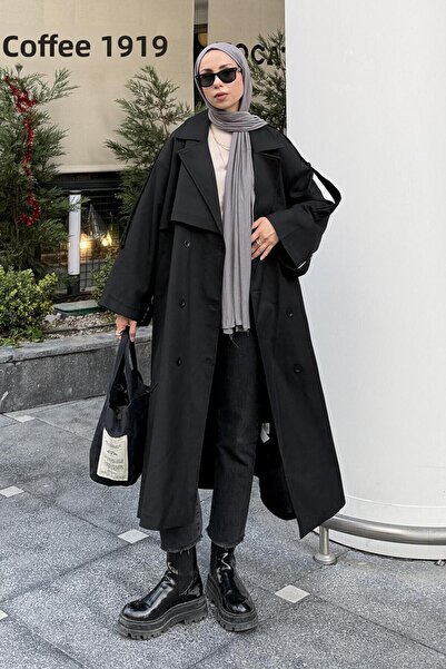 lamelif Μαύρη καμπαρντίνα από πολυβισκόνη με ζώνη