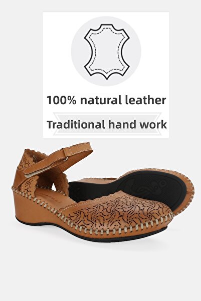 TUNAELLİ Tan Genuine Leather Women's Sandals - Size 35-41-42 Wedge, Heels and Side Open