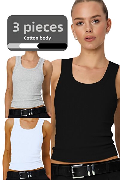 mrmpro طقم بودي نسائي من 3 قطع بحمالات سميكة من القطن (95% قطن) - أسود أبيض ر...