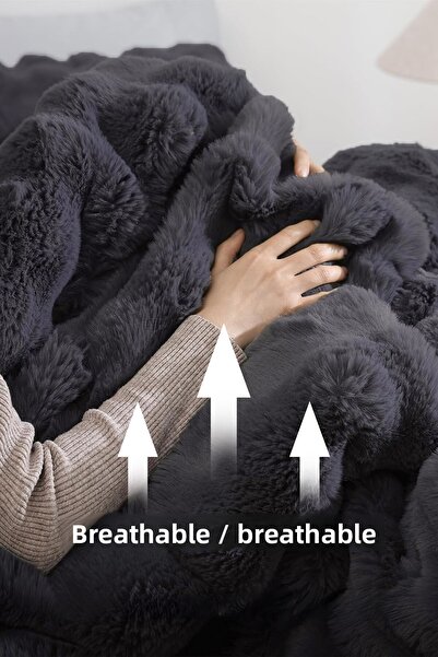 Evlen Home Collection Fur Bedspread Double Filled Plush Soft Double-Sided Quilt 3 Pieces Lory Anthracite Smoked