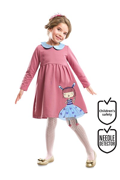 MSHB&G Rabbit Patterned Girl's Dried Rose Collar Long Sleeve Dress