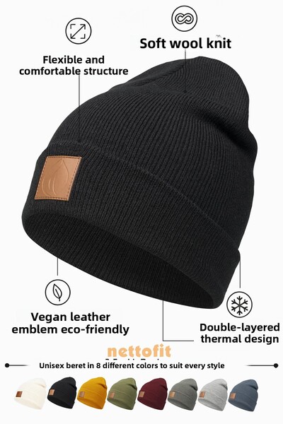 nettofit Black Leather Unisex Winter Wool Beret - with Label Detail