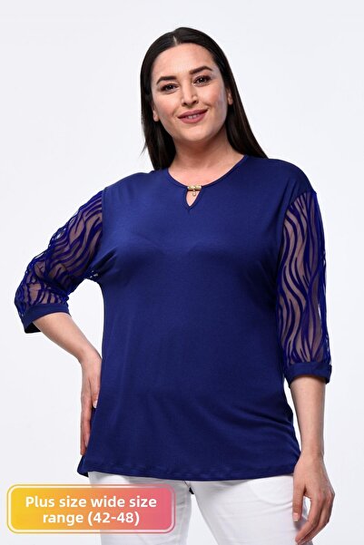 tarzımsüper Μεγάλο μέγεθος Νέας σεζόν Δαντελένια μανίκια Βραδινό φόρεμα Μοντέλο κοντό μανίκι 4 σεζόν τούλι Λεπτομερής Mother Elegant μπλούζα