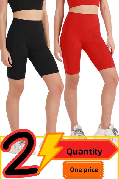 missmaral شورت نسائي عالي الخصر من الليكرا - قصير باللونين الأسود والأحمر مكو...