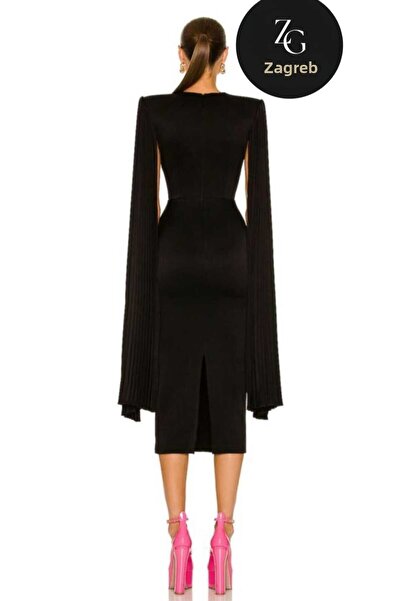 Zagrep Women's Black Sleeve Detailed Padded Back Slit Silk Jersey Dress