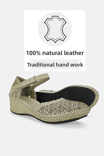 TUNAELLİ Green Genuine Leather Women's Wedge Heeled Side Open Sandals, Size 35-41-42