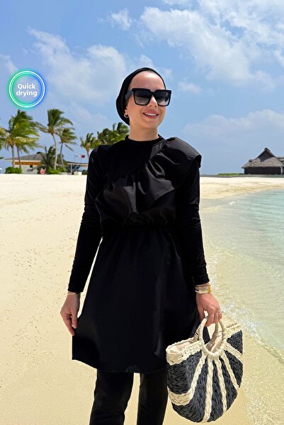 Ka Hijab Frill Detail Full Covered 2-Piece Hijab Swimsuit - Black