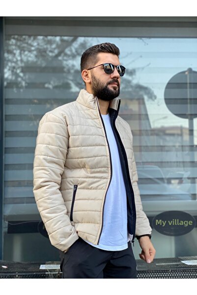 MEYASU Ανδρικό μπεζ αδιάβροχο φουσκωτό παλτό με φερμουάρ