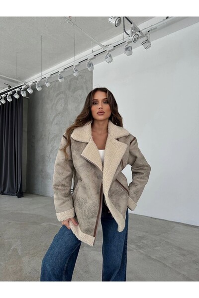 VESS MODA Γυναικείο παλτό με μοτίβο από μαλακό δέρμα με λεπτομέρεια oversize πλαστικοποιημένο