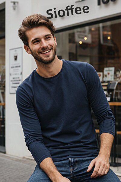 Trendyol Collection Sötétkék Basic normál szabású, hosszú ujjú, 100% pamut póló TMNAW21TS0208