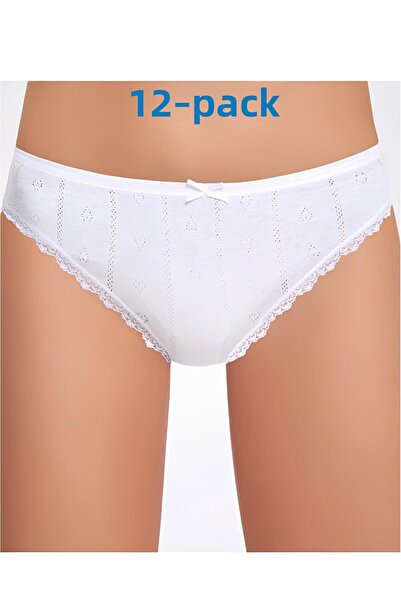 İlke 12 Pack, Jacquard, Lace, Heart Pattern, Women's Panties, 100% Cotton Combed, White