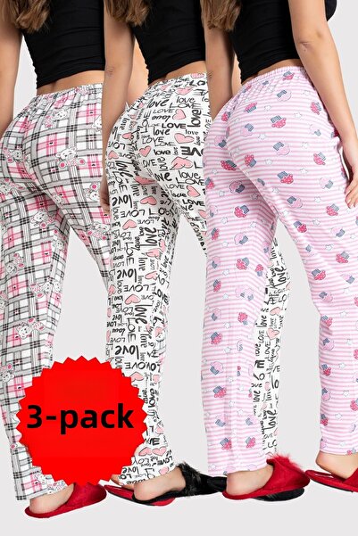 DONEX Balení 3 kusů bavlněné tenké prodyšné látky Stuha v pase Detailní potištěné dámské pyžamové kalhoty bez kapsy