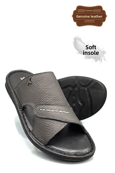 sermoda Genuine Real Leather Men's Slippers Lightweight Slippers Leather Syringe Smoked