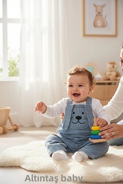 ALTINTAŞ BABY New Season Long Ear Puppy Knitted Jeans with Pockets Seasonal 2-Piece Salopet Set